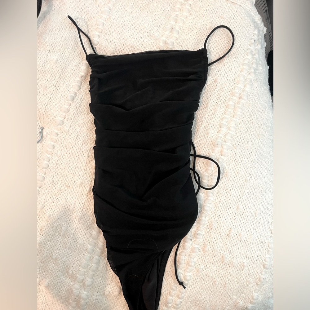 Black rouched open back bodysuit